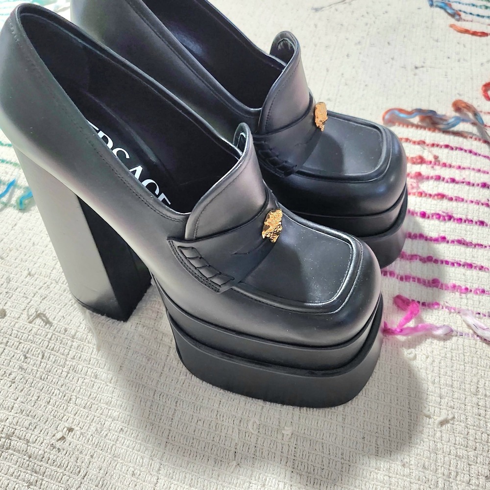 Versace Black Leather Medusa Head Double Platform Block Heel Loafers Size 38 - Picture 3 of 9